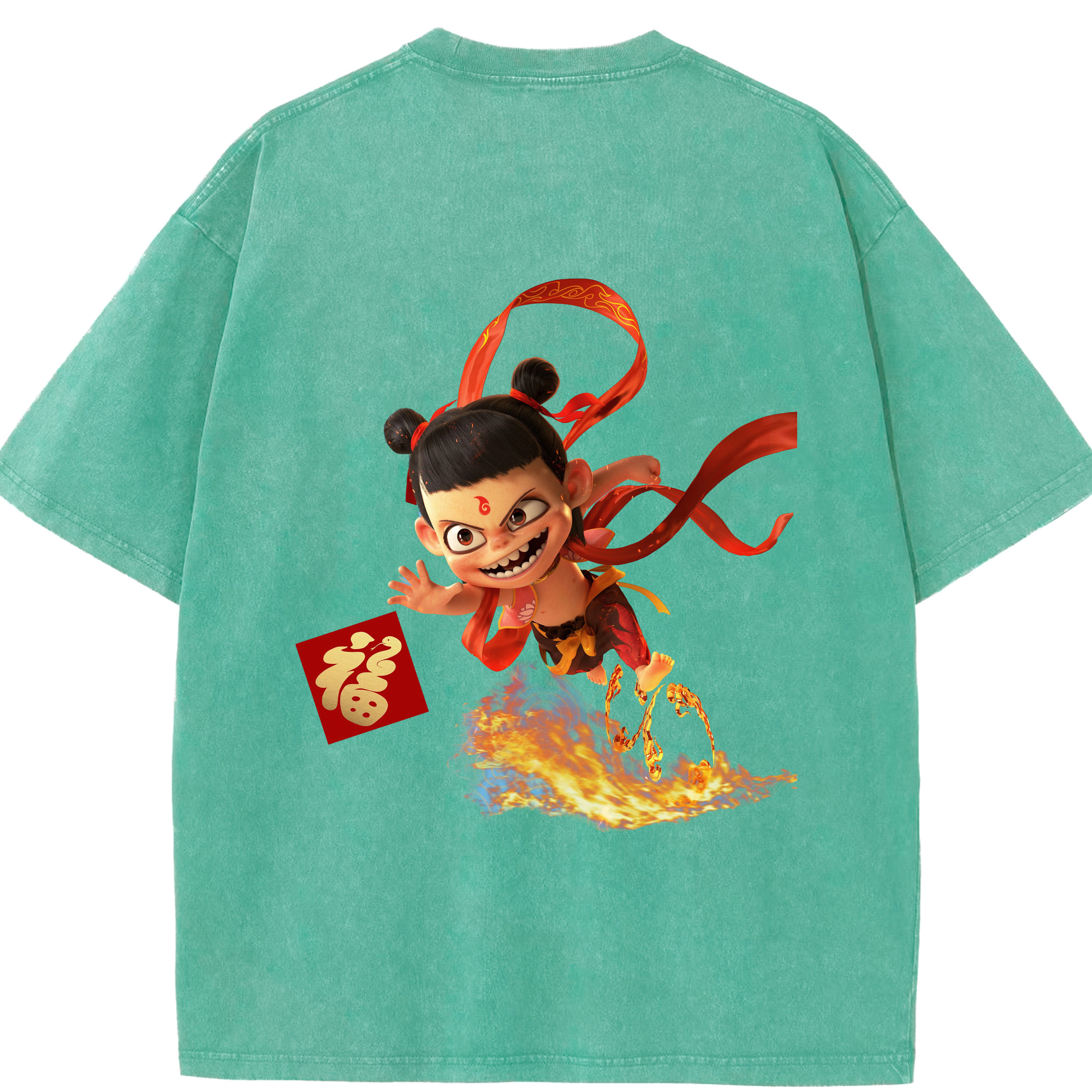 （画像用） Ne Zha 2 ナタ 魔童の大暴れ 綿100% ヴィンテージ風 半袖Tシャツ（背面プリント）